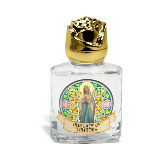 Glass Our Lady of Lourdes Holy Water Bottle with Gold Rose Cap