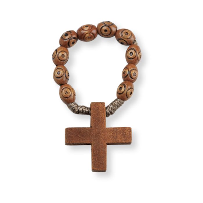 Light Brown Wood Cross Rosary Ring
