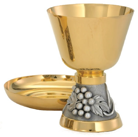Wheat & Grapes Chalice & Bowl Paten | 7-5/8", 16oz. | 24K Gold Plated