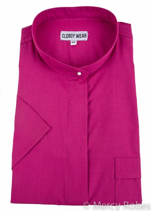 Women's Short Sleeve Neckband Clergy Shirt - Fuchsia