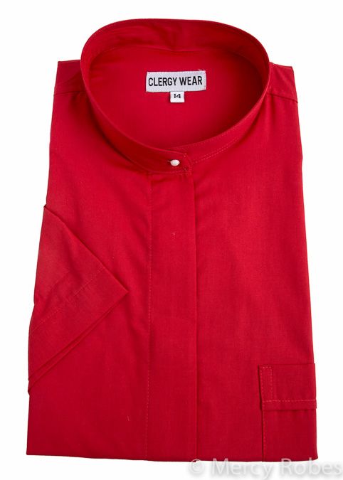 Women's Short Sleeve Neckband Clergy Shirt - Red