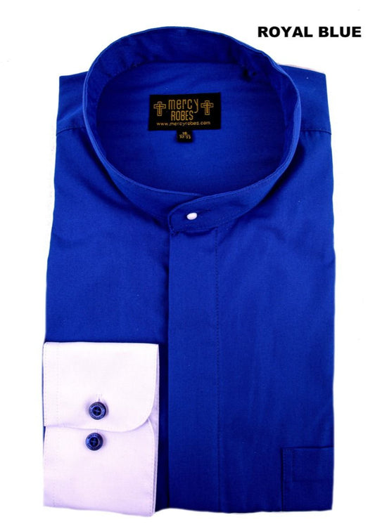 Folded royal blue shirt with white cuffs on a white background