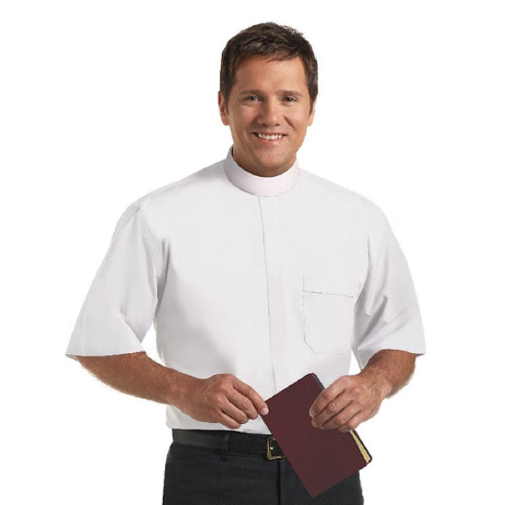 White Clergy Shirt | Neckband Collar | Short Sleeve | Poly/Cotton