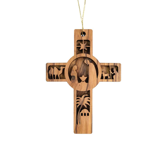 Nativity Olive Wood Cross Ornament
