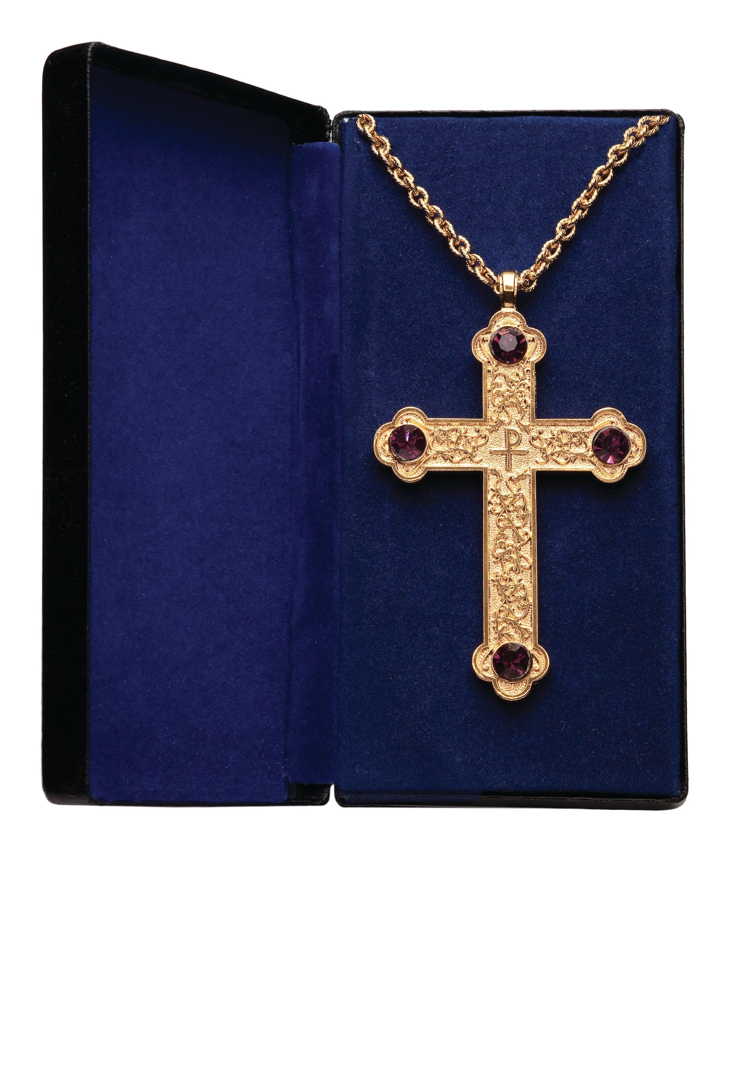 4" Scroll Design Pectoral Cross | Silver Plated with Amethyst Stones | Gift Box Included