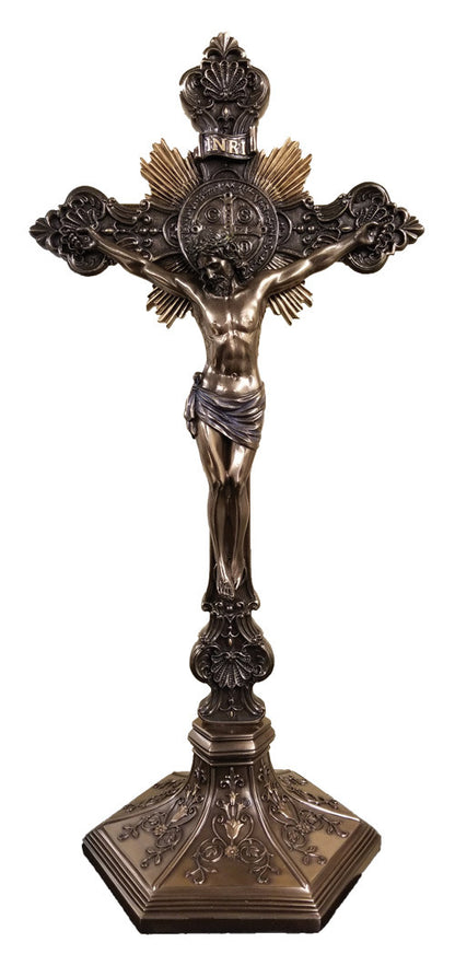24" St. Benedict Crucifix with Base | Stands OR Hangs | Cold Cast Bronze