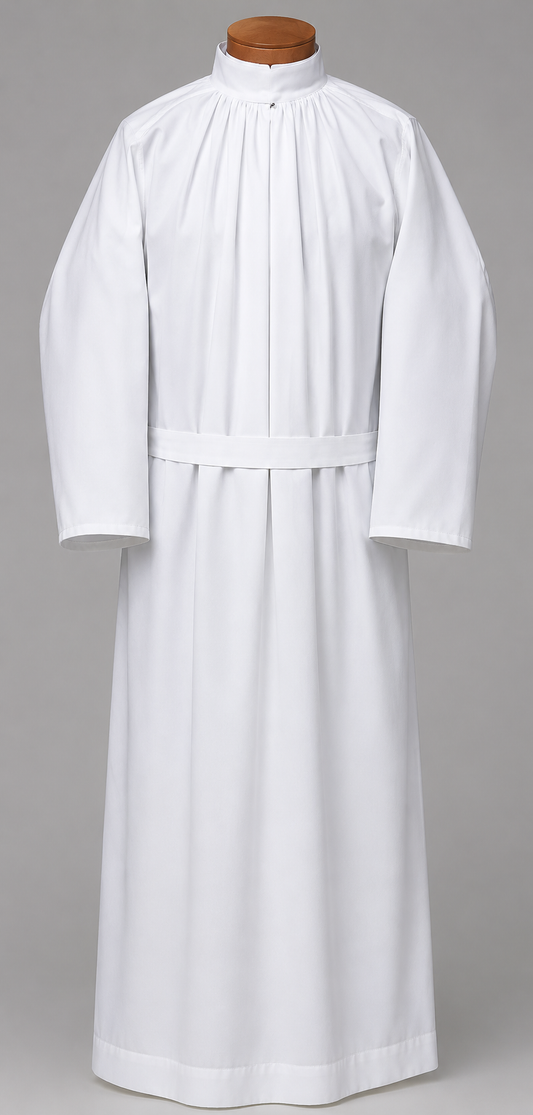 Traditional Plain Alb with Stand-Up Collar & Belt | Front Zipper | Poly/Cotton
