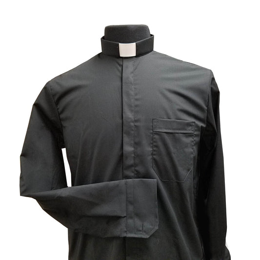 Black Clergy Shirt | Tab Collar | Long Sleeve | Poly/Cotton | Made in Italy